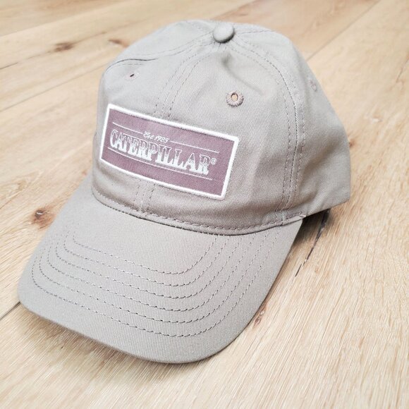 CAT Caterpillar Tan Hat Strap Back Cap Box Logo Casual Khaki Adjustable New - Picture 1 of 14